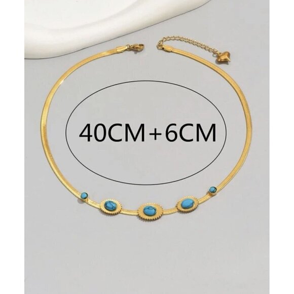 18K Gold plated Turquoise Herringbone necklace Stainless Steel womens jewelry - Picture 11 of 11